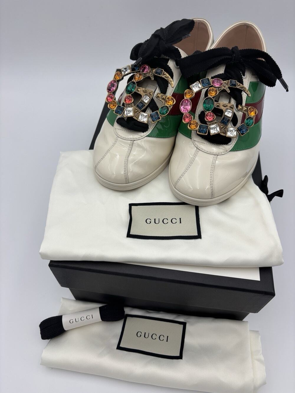 Gucci Falacer Patent Leather Sneakers White Green Red Crystal GG Size 37.5